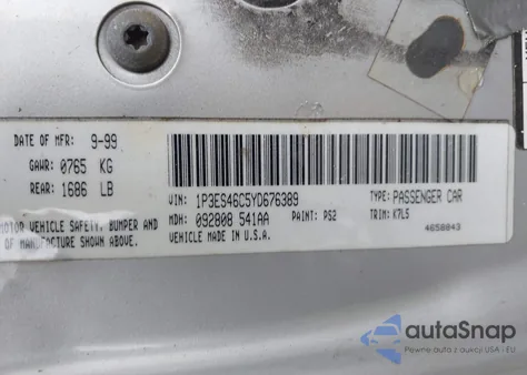 2000 Plymouth Neon Highline z USA, uszkodzony, nr VIN 1P3ES46C5YD676389